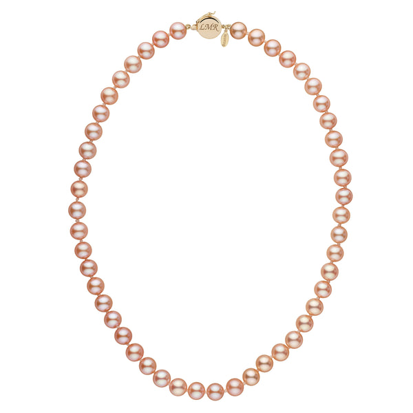 Personalized 7.5-8.0 mm Pink to Peach Freshadama Freshwater Pearl Circle Clasp Necklace featuring lustrous round pearls and a gold circle clasp with engraved initials.