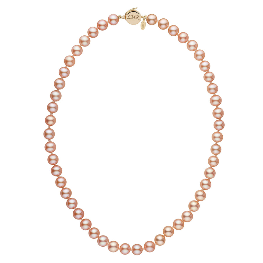 Personalized 7.5-8.0 mm Pink to Peach Freshadama Freshwater Pearl Circle Clasp Necklace featuring lustrous round pearls and a gold circle clasp with engraved initials.