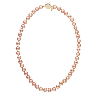 Personalized 7.5-8.0 mm Pink to Peach Freshadama Freshwater Pearl Circle Clasp Necklace featuring lustrous pink and peach freshwater pearls with a secure gold circle clasp.