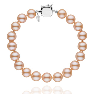 Personalized 8.5-9.0 mm Pink to Peach Freshadama Freshwater Pearl Square Clasp Bracelet featuring lustrous round pearls with a polished square 14K white gold clasp.