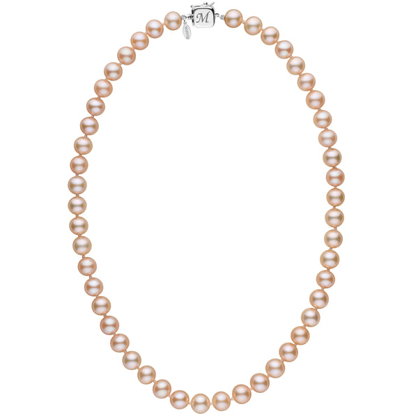 Personalized 8.5-9.0 mm Pink to Peach Freshadama Freshwater Pearl Square Clasp Necklace featuring round freshwater pearls with a subtle pink to peach gradient and a square clasp with monogram detail.