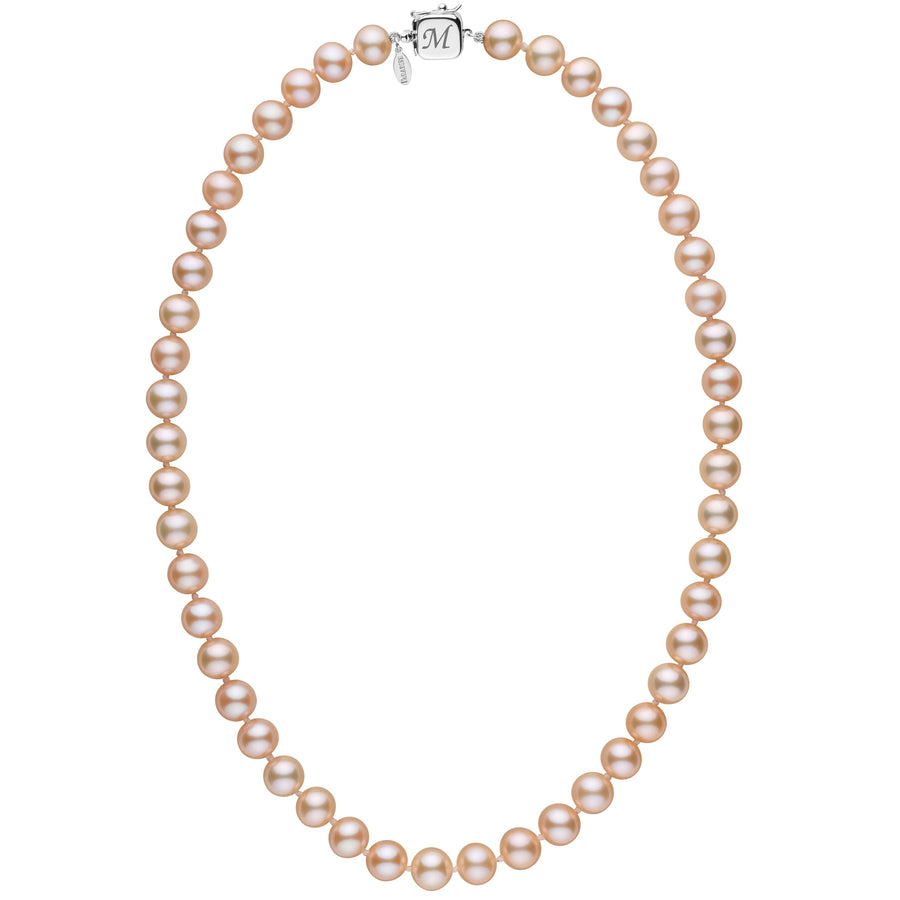 Personalized 8.5-9.0 mm Pink to Peach Freshadama Freshwater Pearl Square Clasp Necklace featuring round freshwater pearls with a subtle pink to peach gradient and a square clasp with monogram detail.