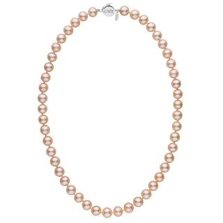 Personalized 8.5-9.0 mm Pink to Peach Freshadama Freshwater Pearl Circle Clasp Necklace featuring lustrous round pearls with a sleek 14K white gold circle clasp for elegant everyday wear.