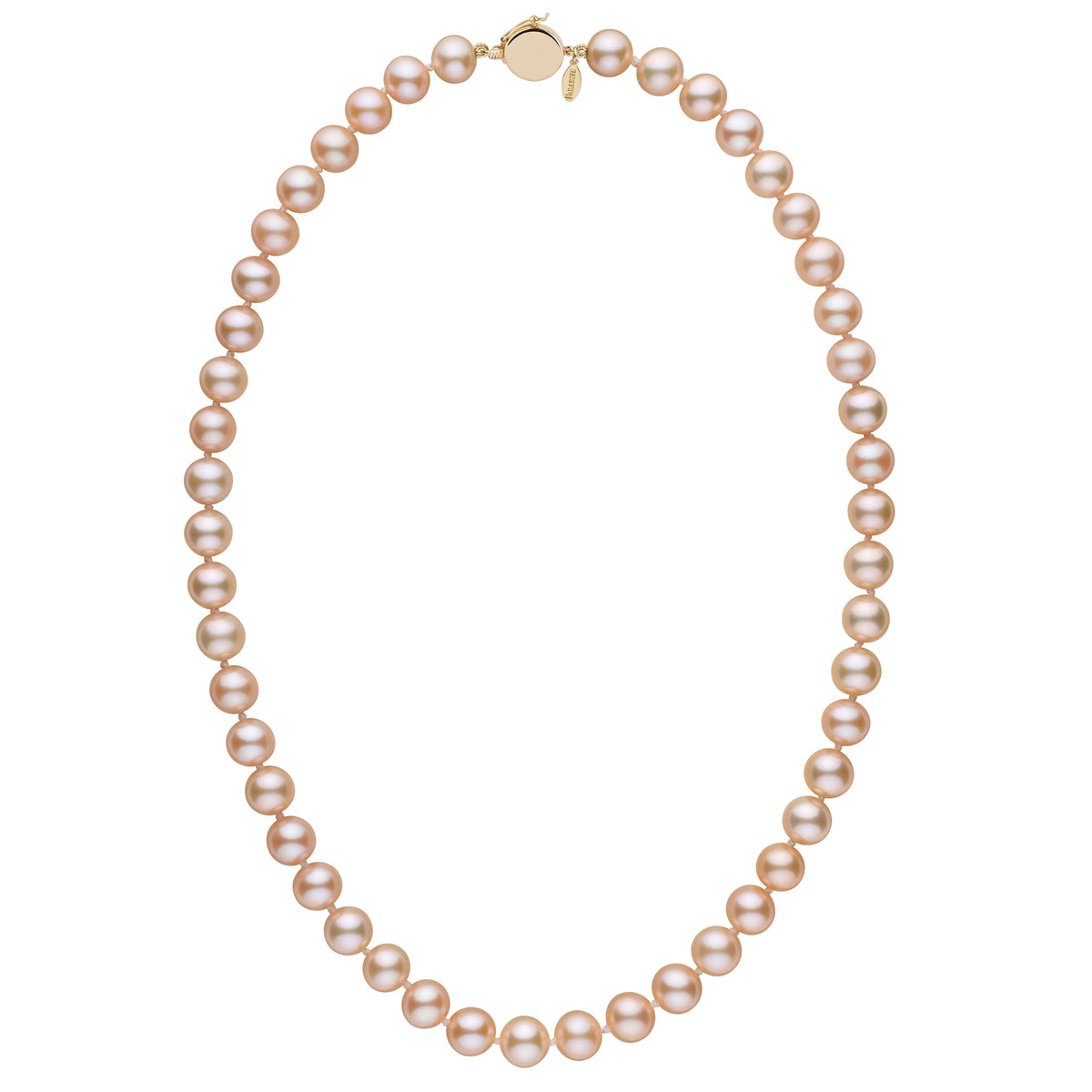 Personalized 8.5-9.0 mm Pink to Peach Freshadama Freshwater Pearl Circle Clasp Necklace featuring lustrous round pearls in warm pink to peach tones with a gold circle clasp.