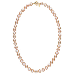 Personalized 8.5-9.0 mm Pink to Peach Freshadama Freshwater Pearl Circle Clasp Necklace featuring a strand of lustrous pink to peach freshwater pearls with a gold circle clasp and engraved charm.