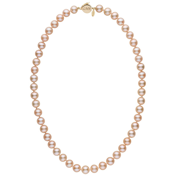 Personalized 8.5-9.0 mm Pink to Peach Freshadama Freshwater Pearl Circle Clasp Necklace featuring a strand of lustrous pink to peach freshwater pearls with a gold circle clasp and engraved charm.