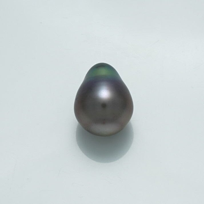 Single lustrous 13.6 x 10.5 mm Fijian Drop Pearl with a smooth surface and rich dark tones reflecting subtle green and purple hues.