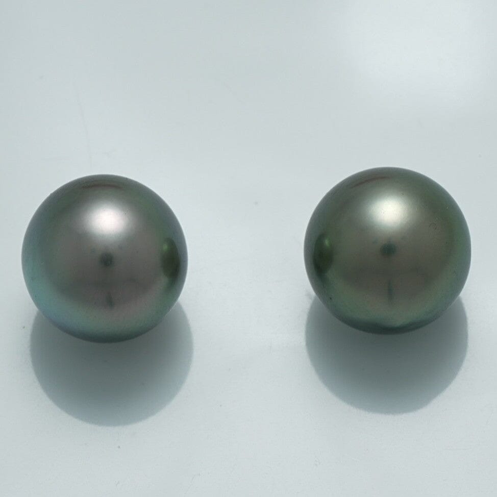 12.7 x 12.7 mm and 12.8 x 12.6 mm Fijian Pearl Pair with smooth surface and lustrous dark gray to greenish hues, showcasing fine cultured pearls from PearlParadise.com
