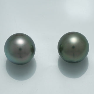 12.7 x 12.7 mm and 12.8 x 12.6 mm Fijian Pearl Pair with smooth surface and lustrous dark gray to greenish hues, showcasing fine cultured pearls from PearlParadise.com