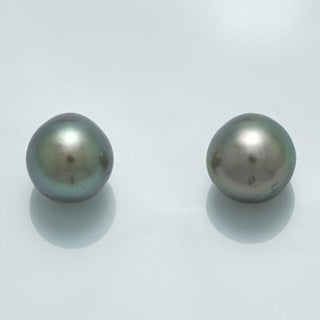 10.2 x 9.8 mm and 9.9 x 9.8 mm Fijian Drop Pearl Pair with lustrous dark green and gray tones, showcasing natural shape and subtle iridescence.