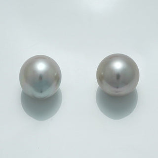 12.8 x 11.7 mm and 12.4 x 11.9 mm Fijian Drop Pearl Pair showcasing lustrous, smooth, round grey pearls with subtle overtones, perfect for elegant pearl jewelry designs.