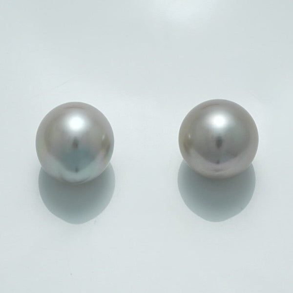 12.8 x 11.7 mm and 12.4 x 11.9 mm Fijian Drop Pearl Pair showcasing lustrous, smooth, round grey pearls with subtle overtones, perfect for elegant pearl jewelry designs.