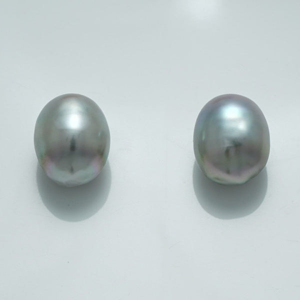 12.7 x 10.3 mm and 12.6 x 10.2 mm Fijian Drop Pearl Pair in soft gray hues with subtle iridescent overtones, showcasing natural drop-shaped cultured pearls.