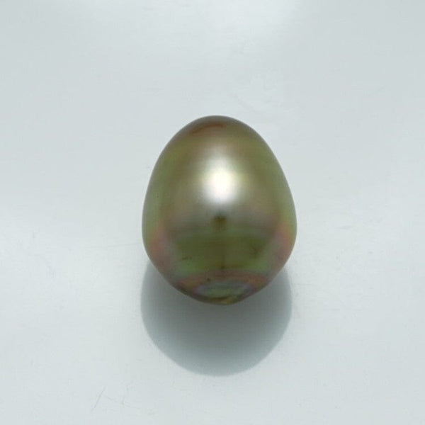Single lustrous 13.3 x 10.6 mm Fijian Drop Pearl with a unique greenish-gold hue, perfect for fine pearl jewelry and pendant designs.