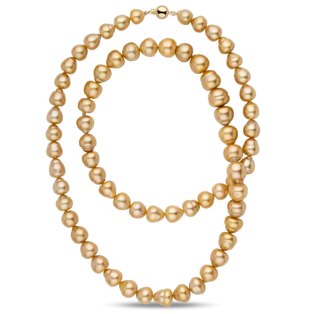 10.2-14.3 mm AAA Golden South Sea Baroque Pearl Necklace, 35 inches yellow gold