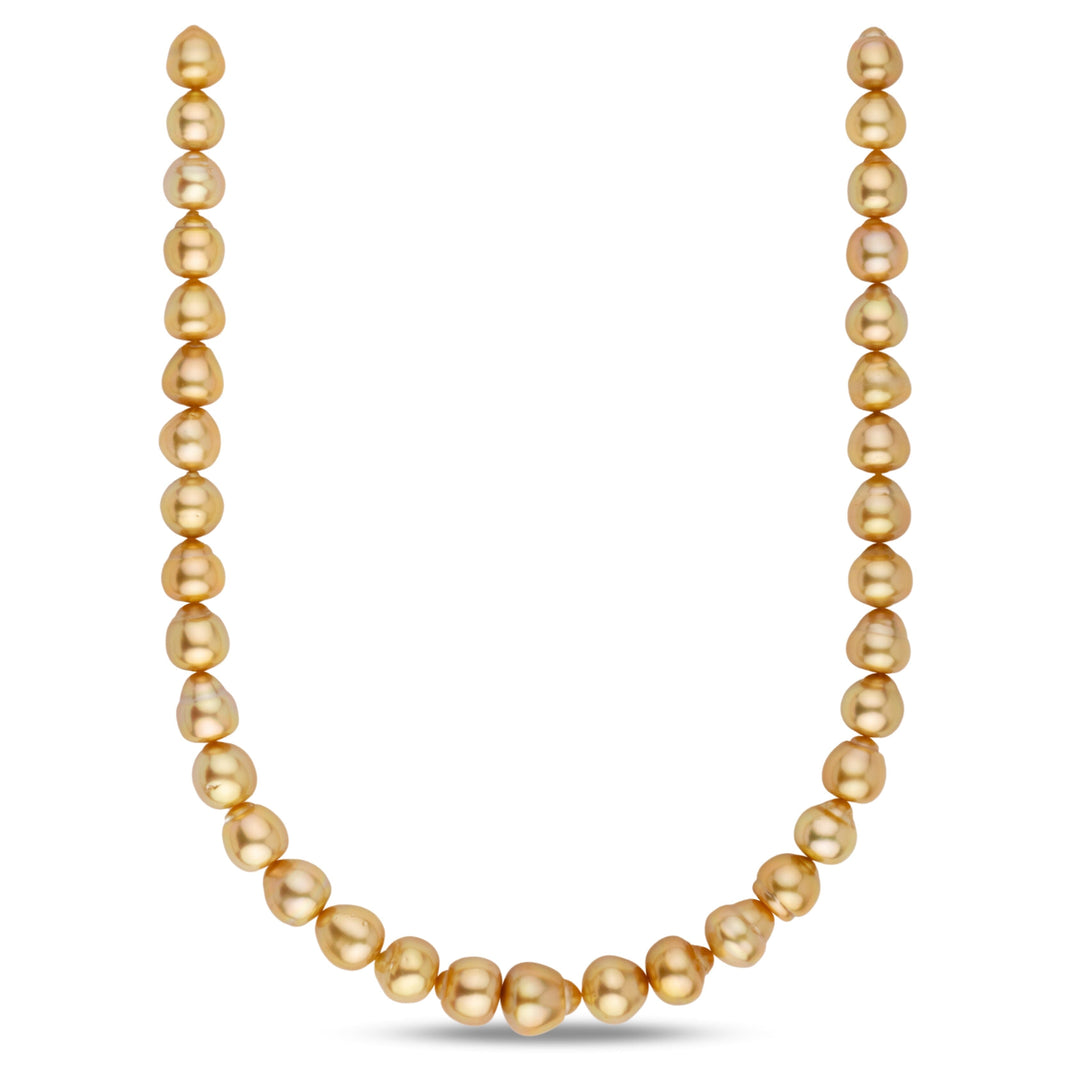 Gold pearl necklace on a white background