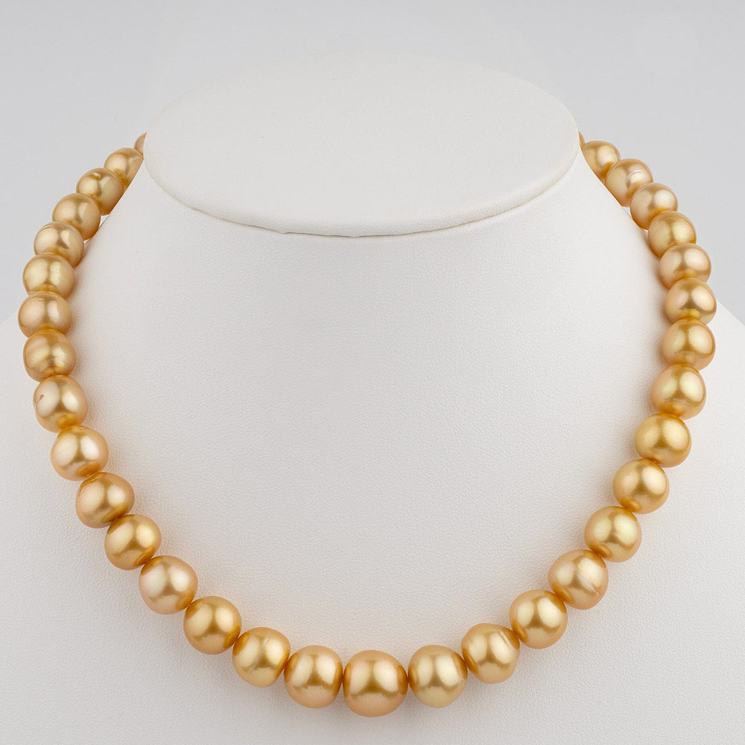 Golden South Sea pearls 9.2–13.4 mm in medium-dark gold with fine luster and plump oval shapes. 