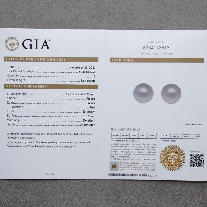 7.26 and 7.30 mm GIA Certified Hanadama Akoya Pearl Stud Earrings