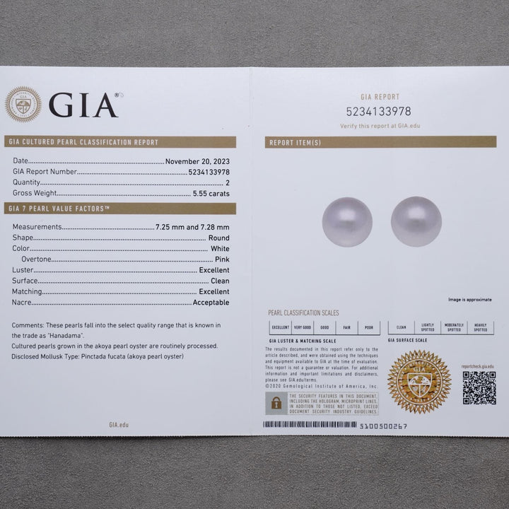 7.25 and 7.28 mm GIA Certified Hanadama Akoya Pearl Stud Earrings