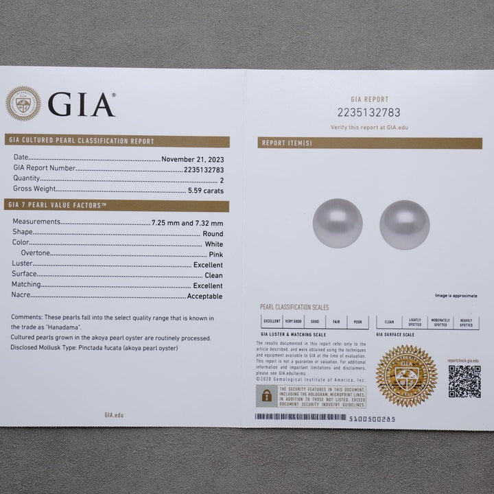 7.25 and 7.32 mm GIA Certified Hanadama Akoya Pearl Stud Earrings
