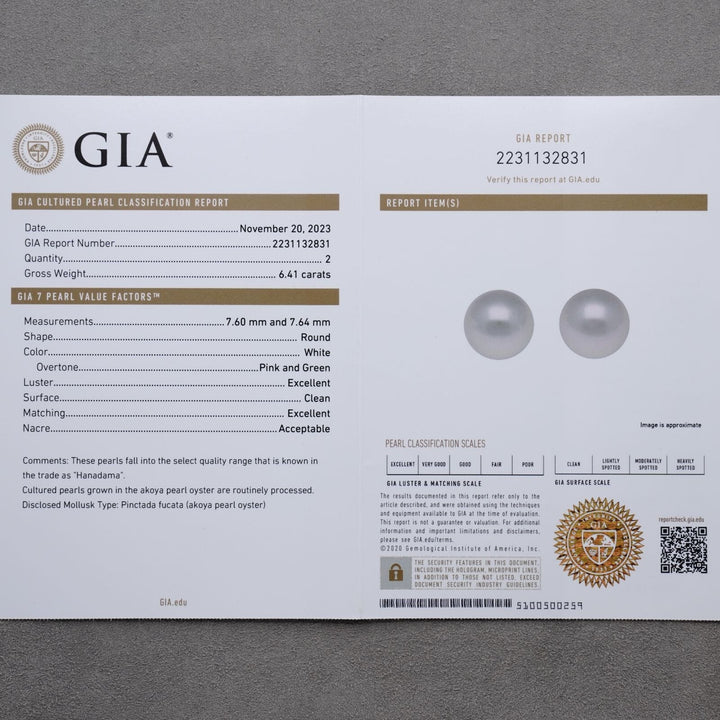 7.60 and 7.64 mm GIA Certified Hanadama Akoya Pearl Stud Earrings