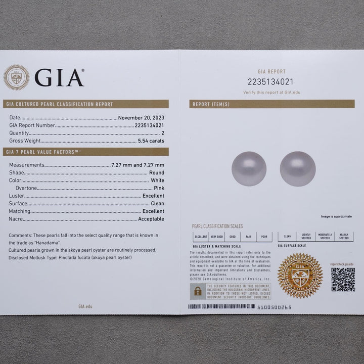 7.27 and 7.27 mm GIA Certified Hanadama Akoya Pearl Stud Earrings