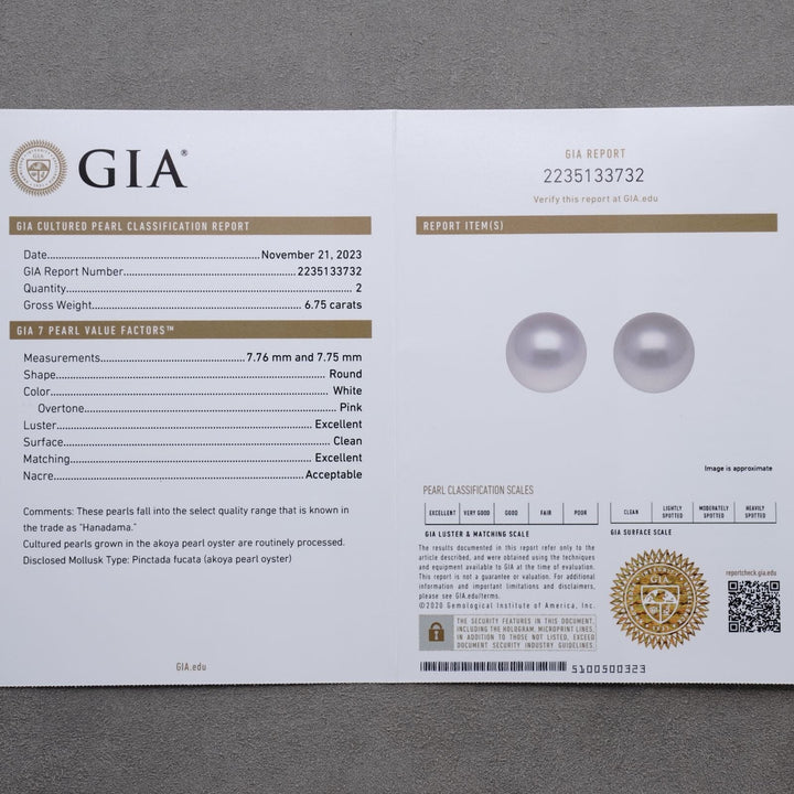 7.75 and 7.76 mm GIA Certified Hanadama Akoya Pearl Stud Earrings