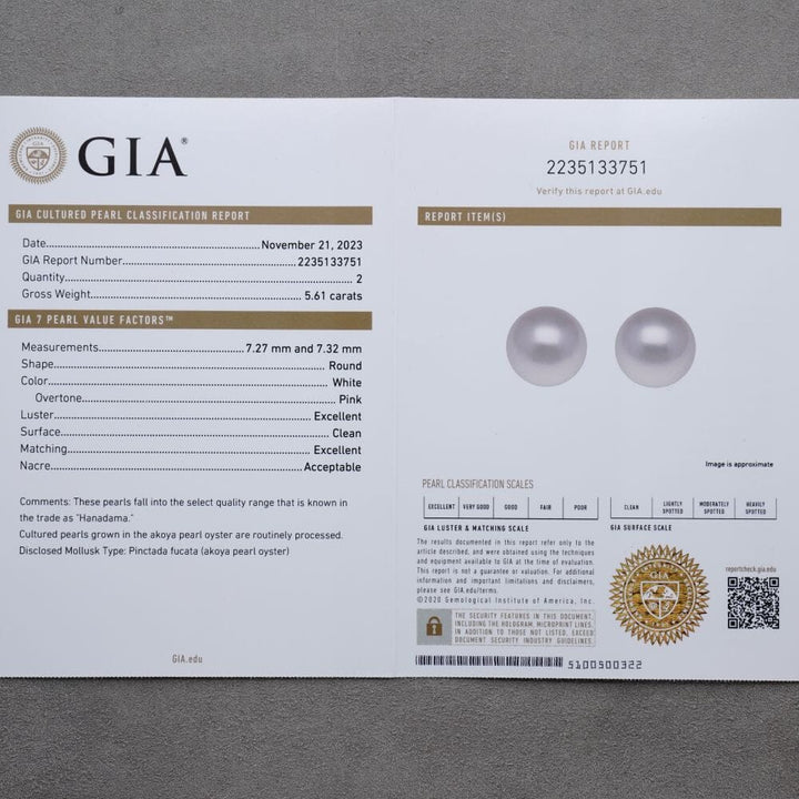 7.27 and 7.32 mm GIA Certified Hanadama Akoya Pearl Stud Earrings