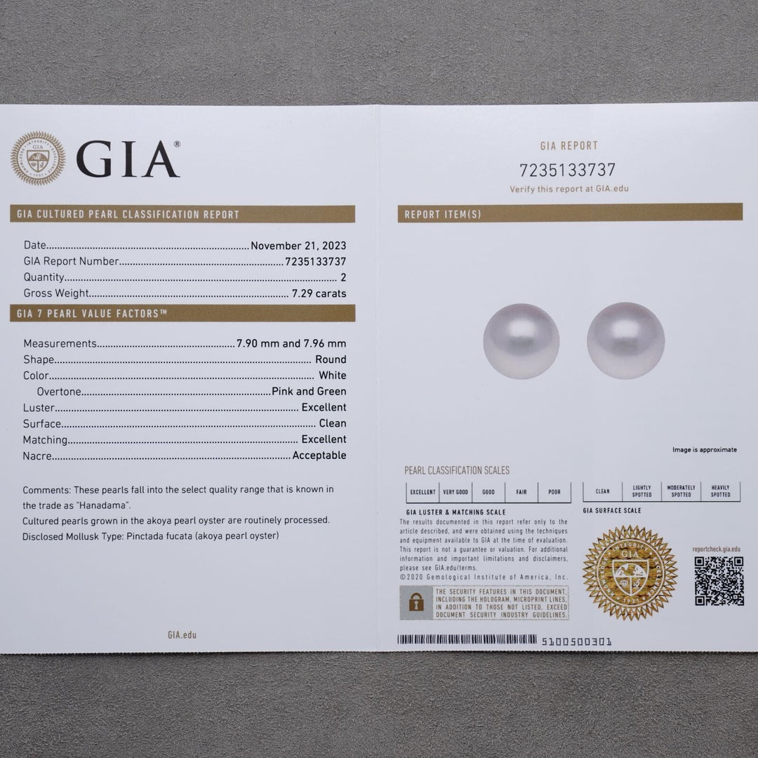7.90 and 7.96 mm GIA Certified Hanadama Akoya Pearl Stud Earrings