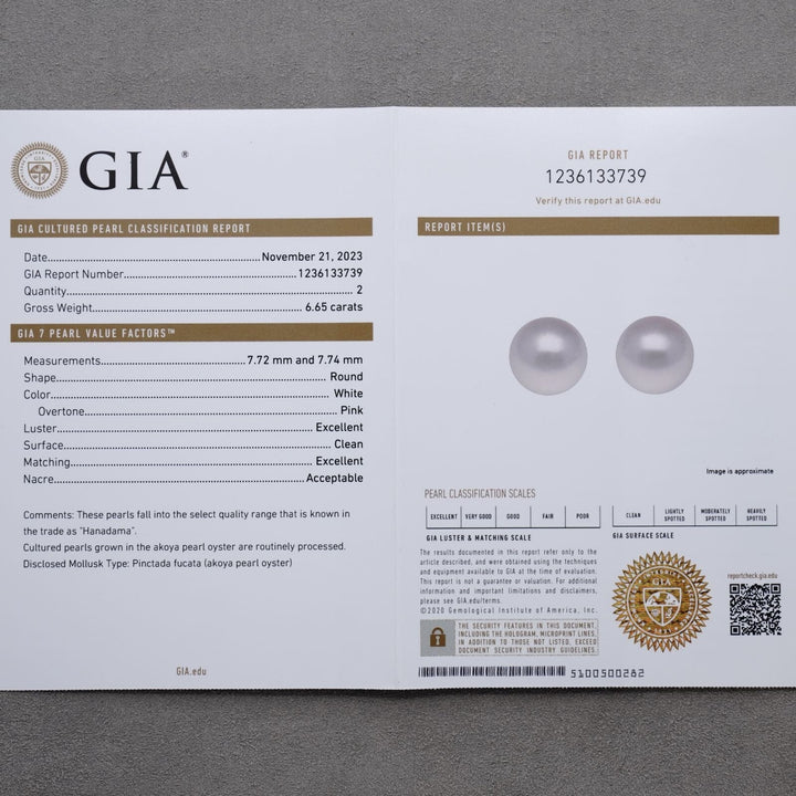 7.72 and 7.74 mm GIA Certified Hanadama Akoya Pearl Stud Earrings
