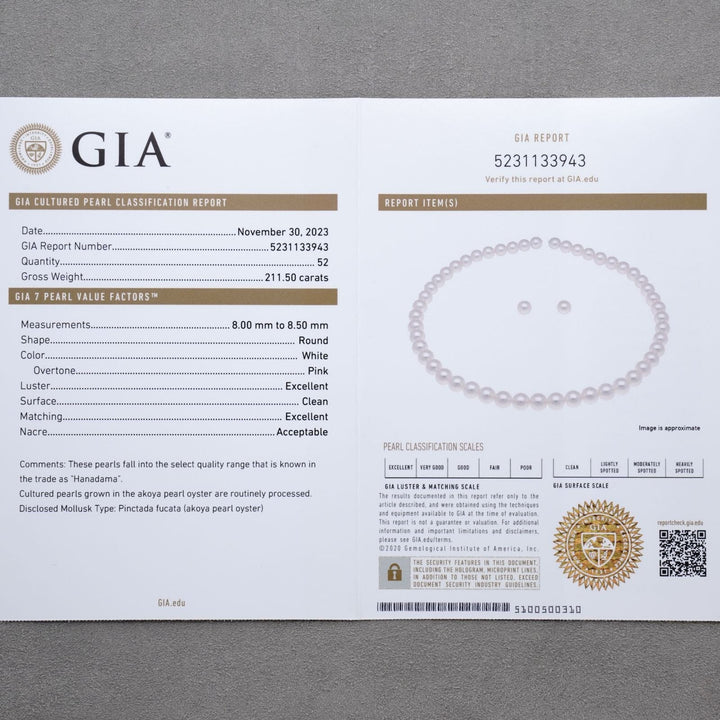 8.00-8.50 mm GIA Certified Hanadama Akoya Pearl Necklace & Earrings Set
