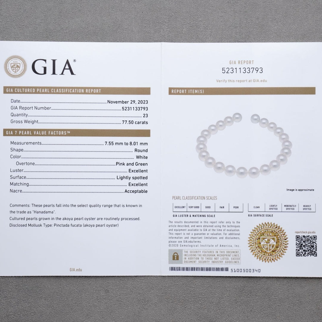7.55-8.01 mm GIA Certified Hanadama Akoya Pearl Bracelet