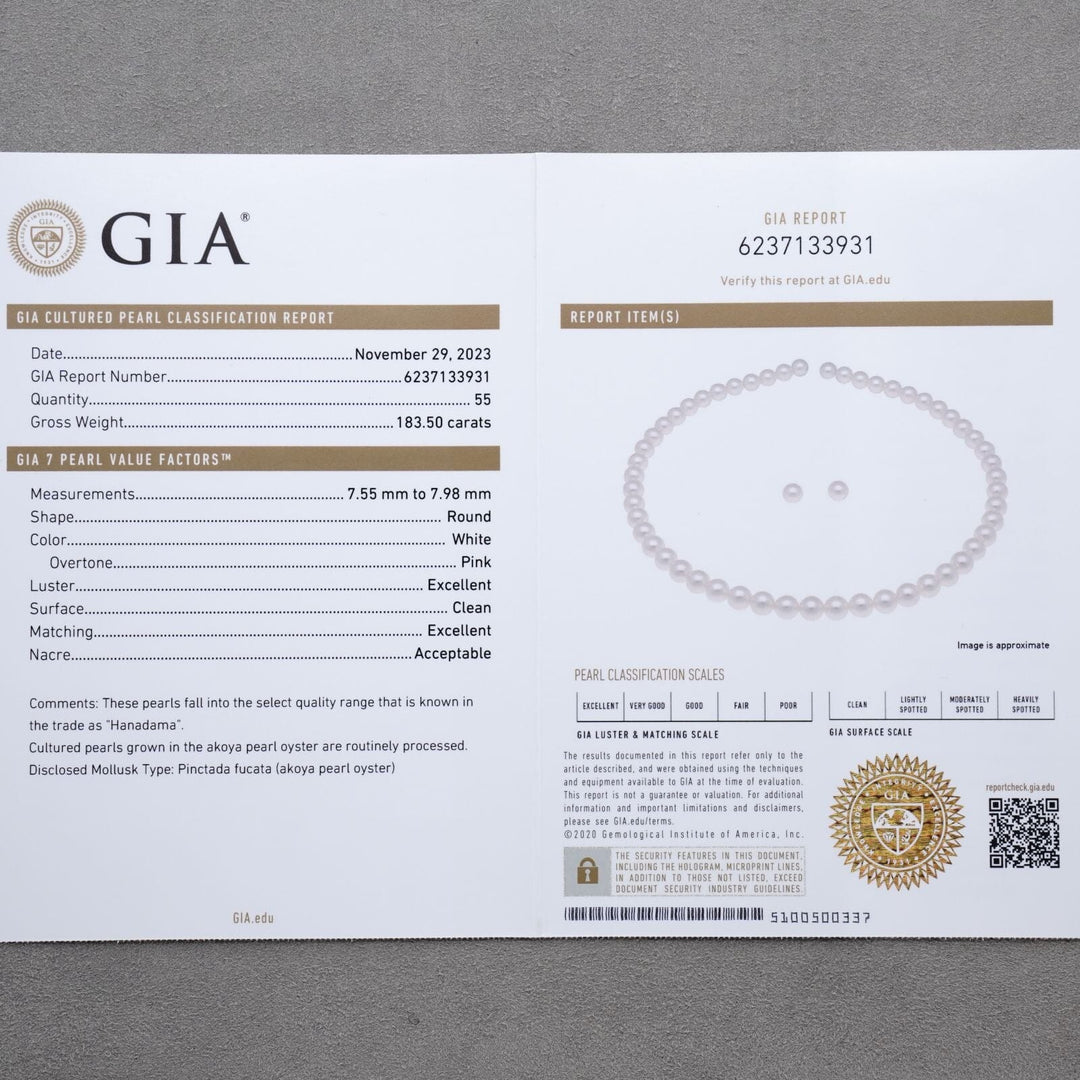 7.55-7.98 mm GIA Certified Hanadama Akoya Pearl Necklace & Earrings Set