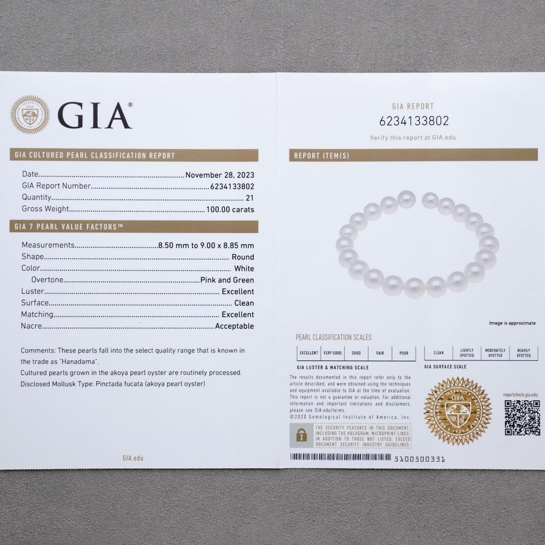 8.50-9.0 mm GIA Certified Hanadama Akoya Pearl Bracelet