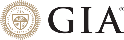 Gold circular emblem with intricate detailing containing a shield and scales, positioned to the left of bold black letters spelling GIA on a transparent background.