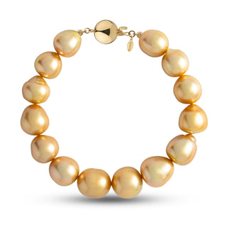 10.7-12.8 mm AA+/AAA Golden South Sea Baroque Pearl Bracelet with a yellow gold polished ball clasp