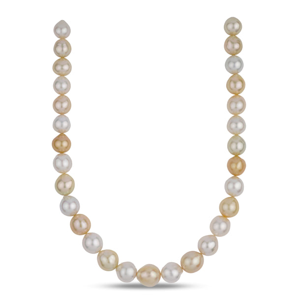 12.0–15.5 mm AAA White and Golden South Sea Semi-Baroque Pearl Necklace showcasing large, lustrous semi-baroque pearls in white and golden hues with a natural sheen.
