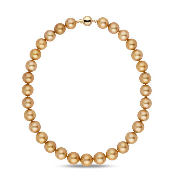13.0–14.5 mm AA+/AAA Golden South Sea Round Pearl Necklace featuring lustrous, warmly colored golden pearls with a polished gold clasp, elegant and sophisticated fine pearl jewelry.