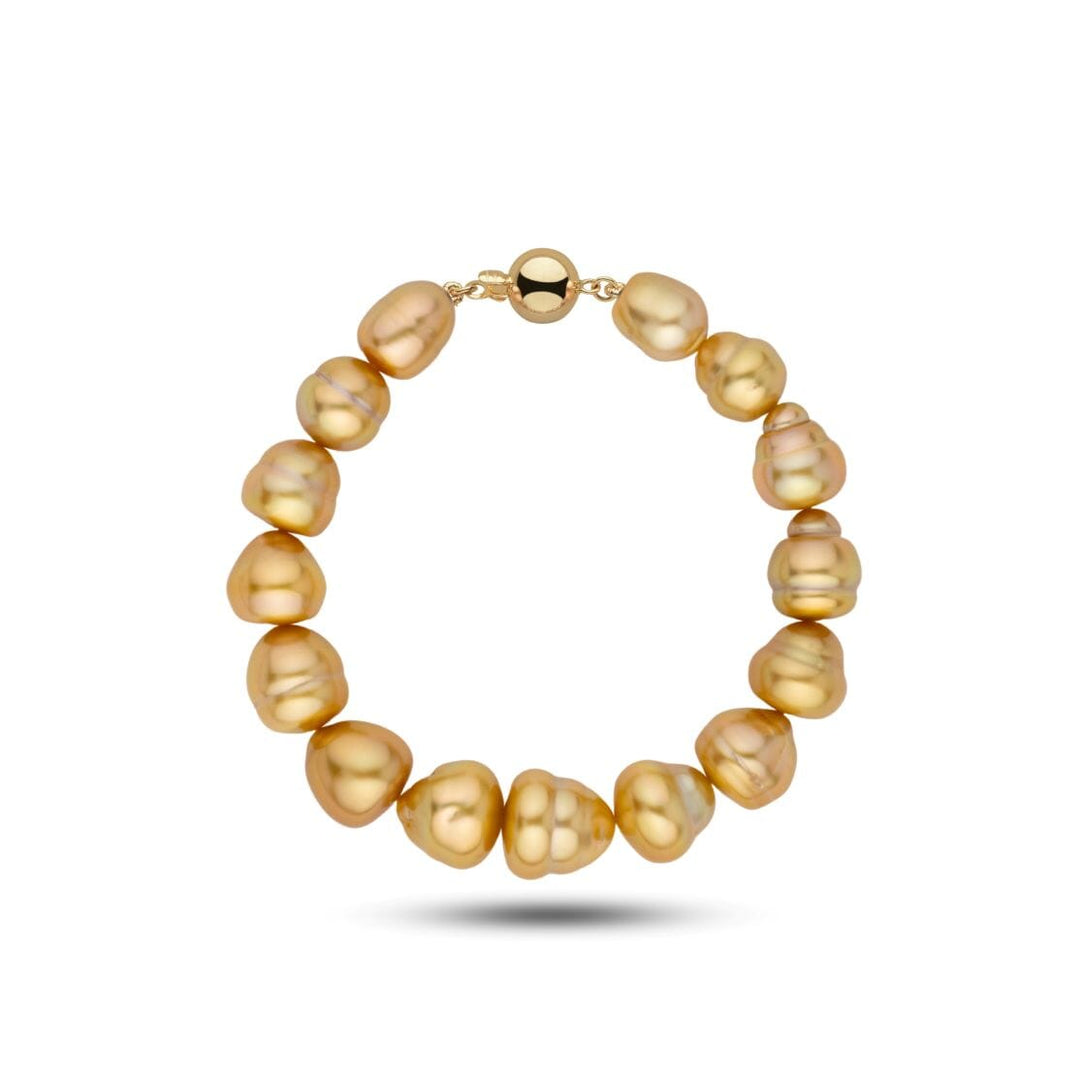9.0-12.2 mm AA+/AAA Quality Golden South Sea Baroque Pearl Bracelet yellow gold ball clasp
