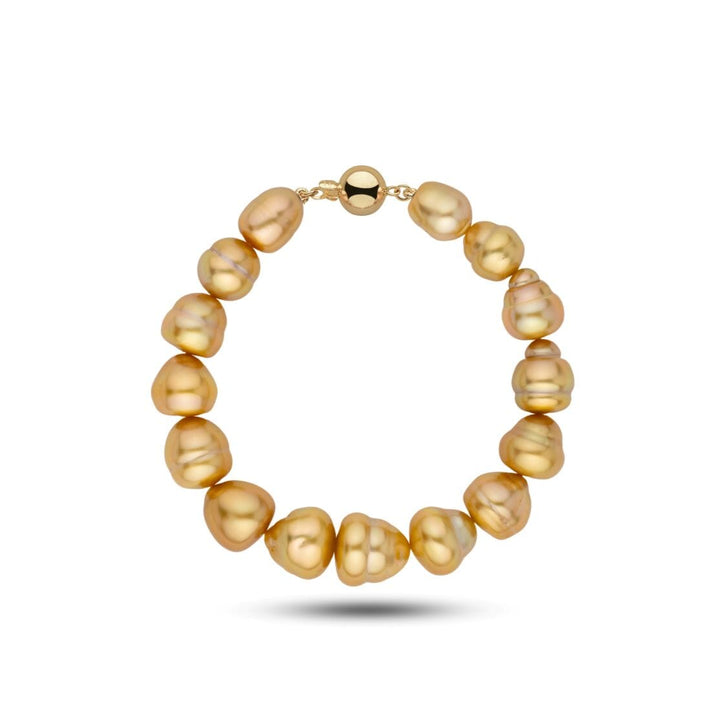 9.0-12.2 mm AA+/AAA Quality Golden South Sea Baroque Pearl Bracelet yellow gold ball clasp
