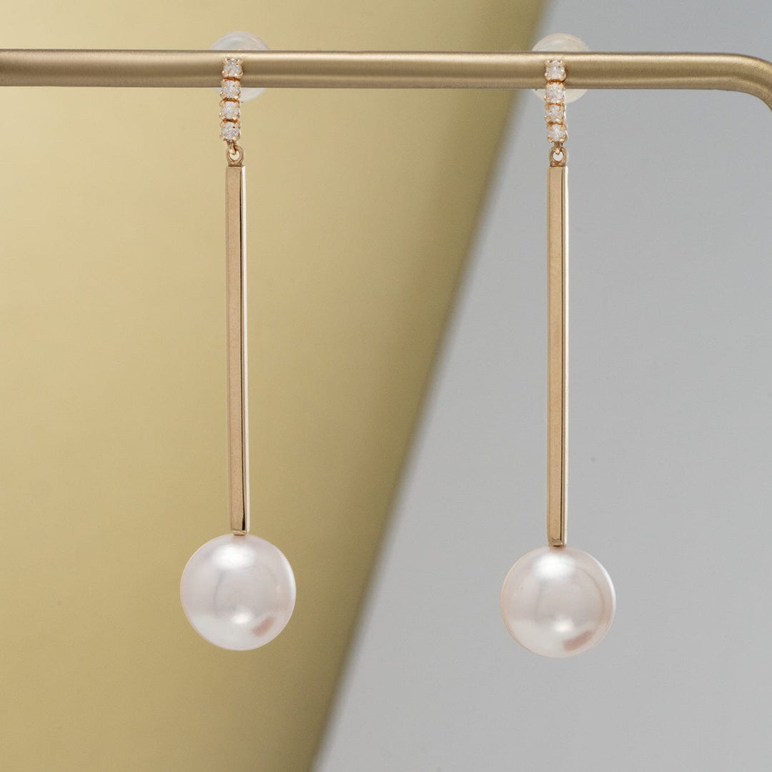 9-9.5 mm Akoya Pearl and Diamond Earrings, 0.10 cttw, 18k