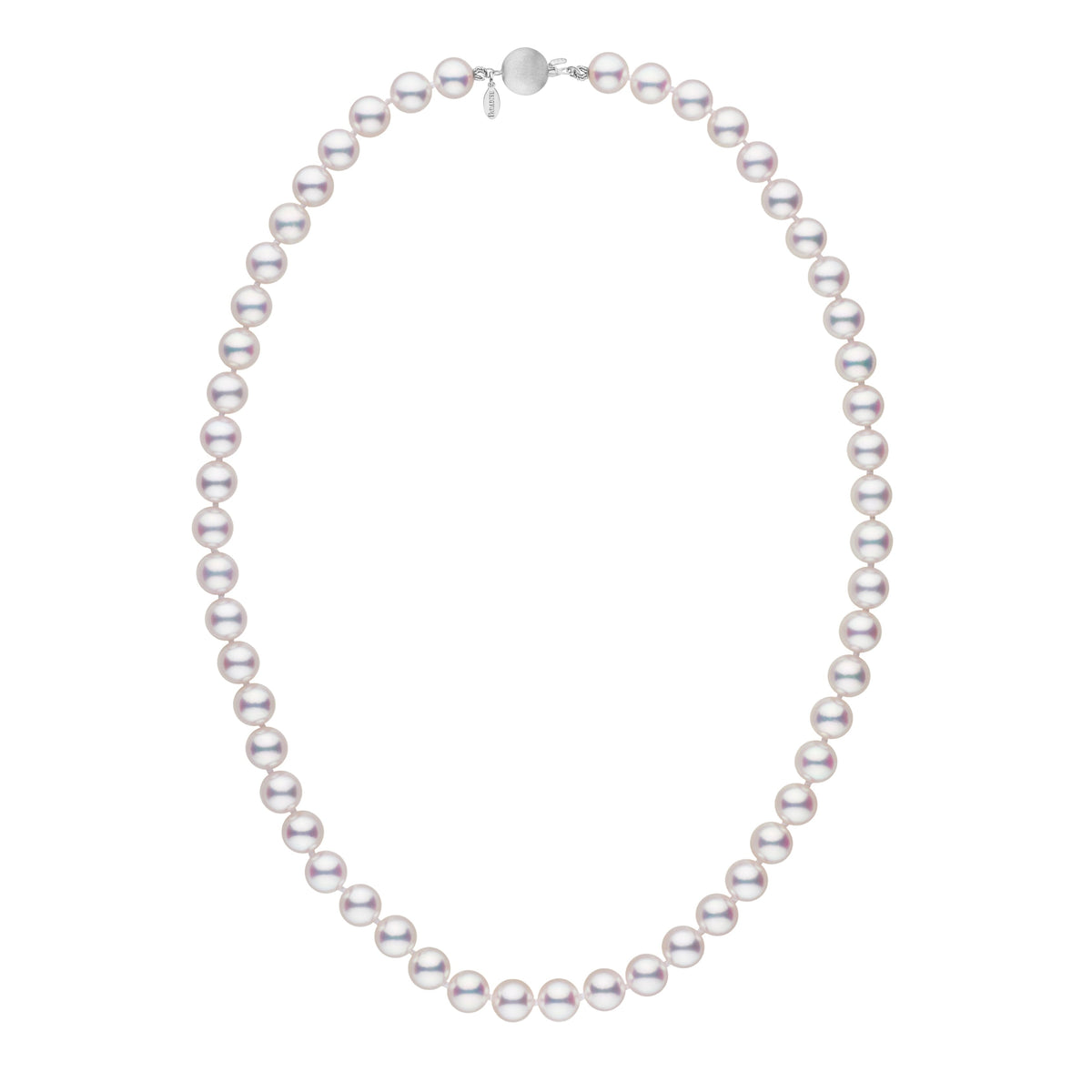7.0-7.5 mm White Hanadama Akoya Pearl Necklace featuring lustrous, round white pearls strung in a classic strand with a 14K white gold clasp, perfect for elegant occasions.