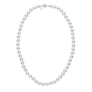 7.0-7.5 mm White Hanadama Akoya Pearl Necklace featuring lustrous, round white pearls strung in a classic strand with a 14K white gold clasp, perfect for elegant occasions.