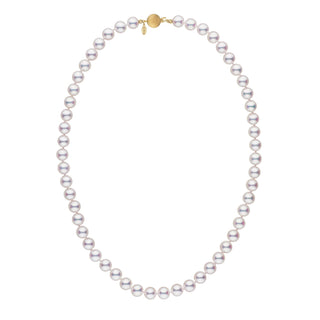 7.0-7.5 mm White Hanadama Akoya Pearl Necklace featuring lustrous round white akoya pearls with a gold clasp, elegantly arranged in a classic strand design.