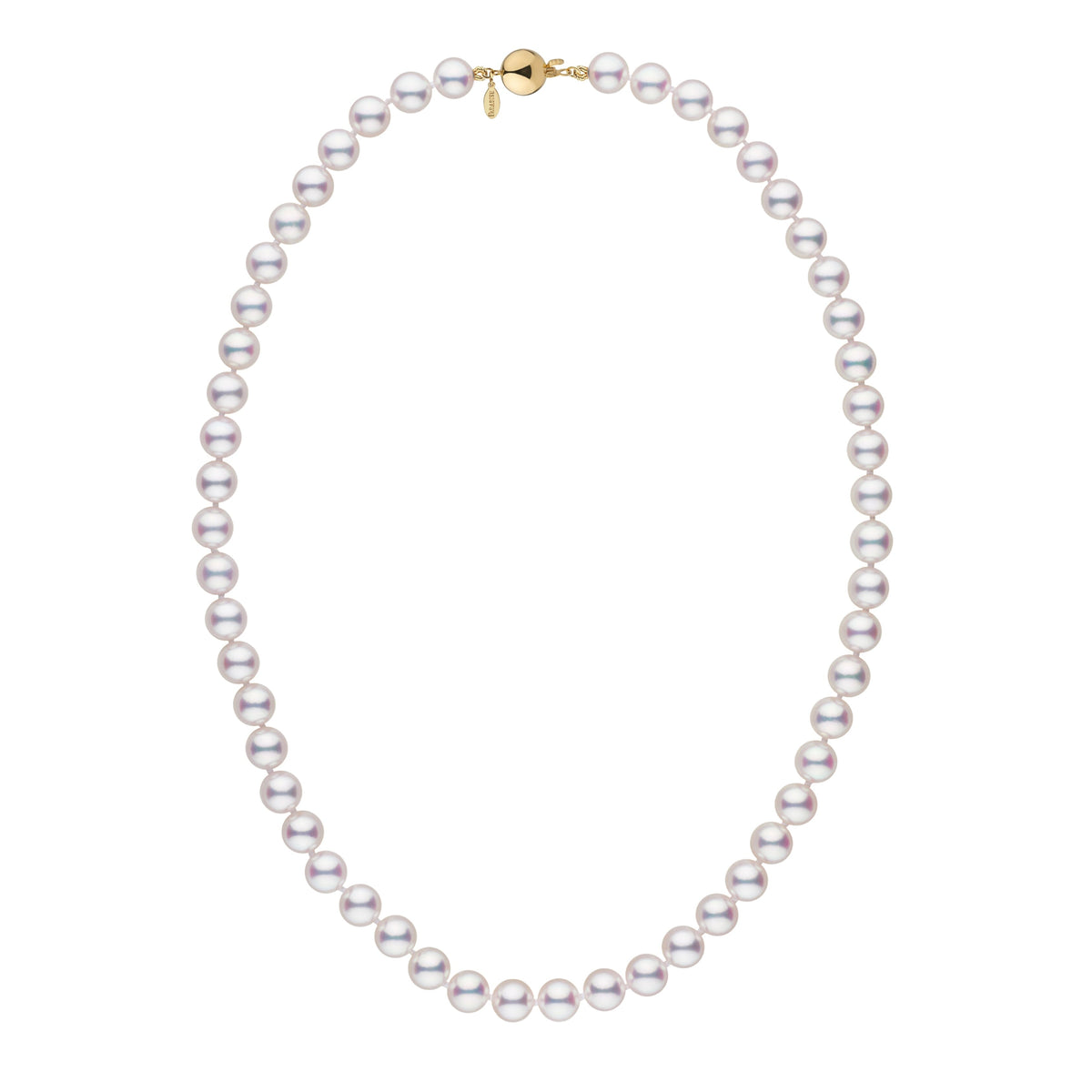 7.0-7.5 mm White Hanadama Akoya Pearl Necklace featuring lustrous round pearls with a gold clasp, showcasing classic elegance and fine akoya pearl craftsmanship.