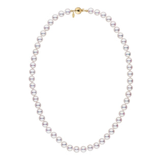 7.0-7.5 mm White Hanadama Akoya Pearl Necklace featuring lustrous round pearls with a gold clasp, showcasing classic elegance and fine akoya pearl craftsmanship.