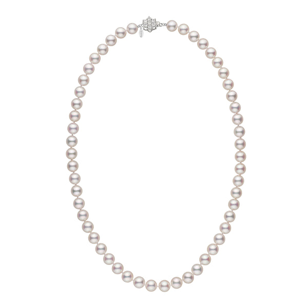 8.0-8.5 mm GIA Hanadama Akoya Pearl Necklace featuring a single strand of lustrous white cultured pearls with a decorative clasp, exuding timeless elegance.