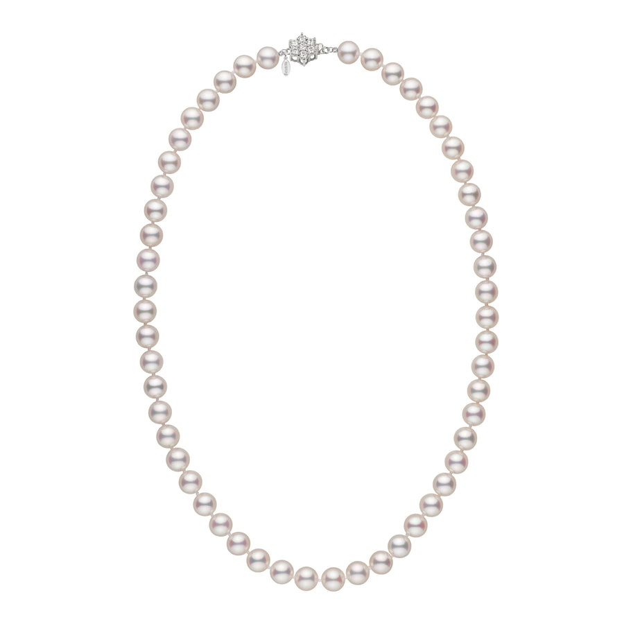 8.0-8.5 mm GIA Hanadama Akoya Pearl Necklace featuring a single strand of lustrous white cultured pearls with a decorative clasp, exuding timeless elegance.
