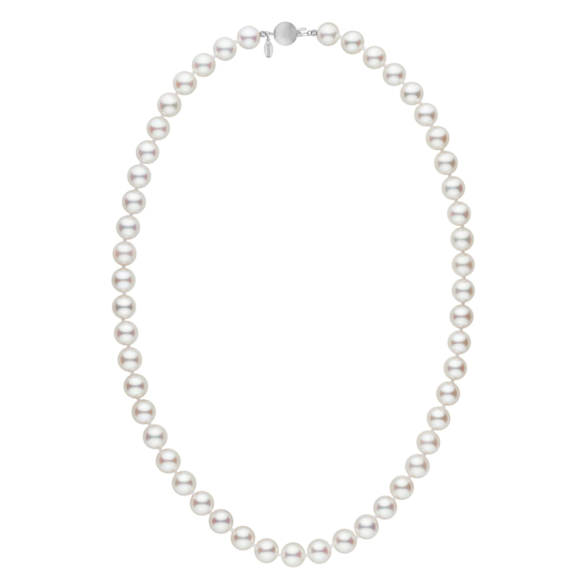 8.0-8.5 mm 18 inch White Hanadama Akoya Pearl Necklace featuring lustrous white akoya pearls strung with a 14K white gold clasp, elegant and classic fine pearl strand for sale.