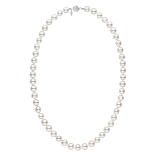 8.0-8.5 mm 18 inch White Hanadama Akoya Pearl Necklace featuring lustrous white akoya pearls strung with a 14K white gold clasp, elegant and classic fine pearl strand for sale.
